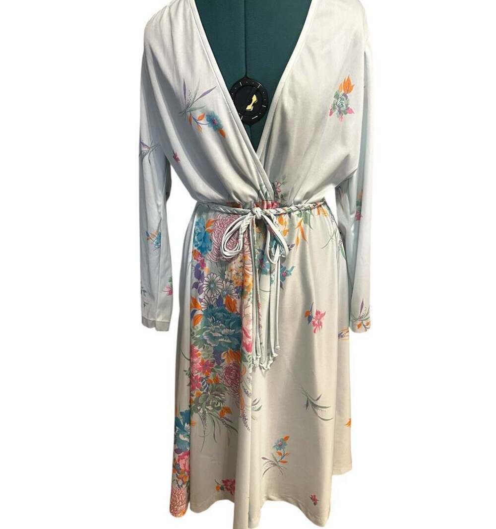 Vintage Kay Windsor Long Sleeve Floral Midi Dress Drape V Neck